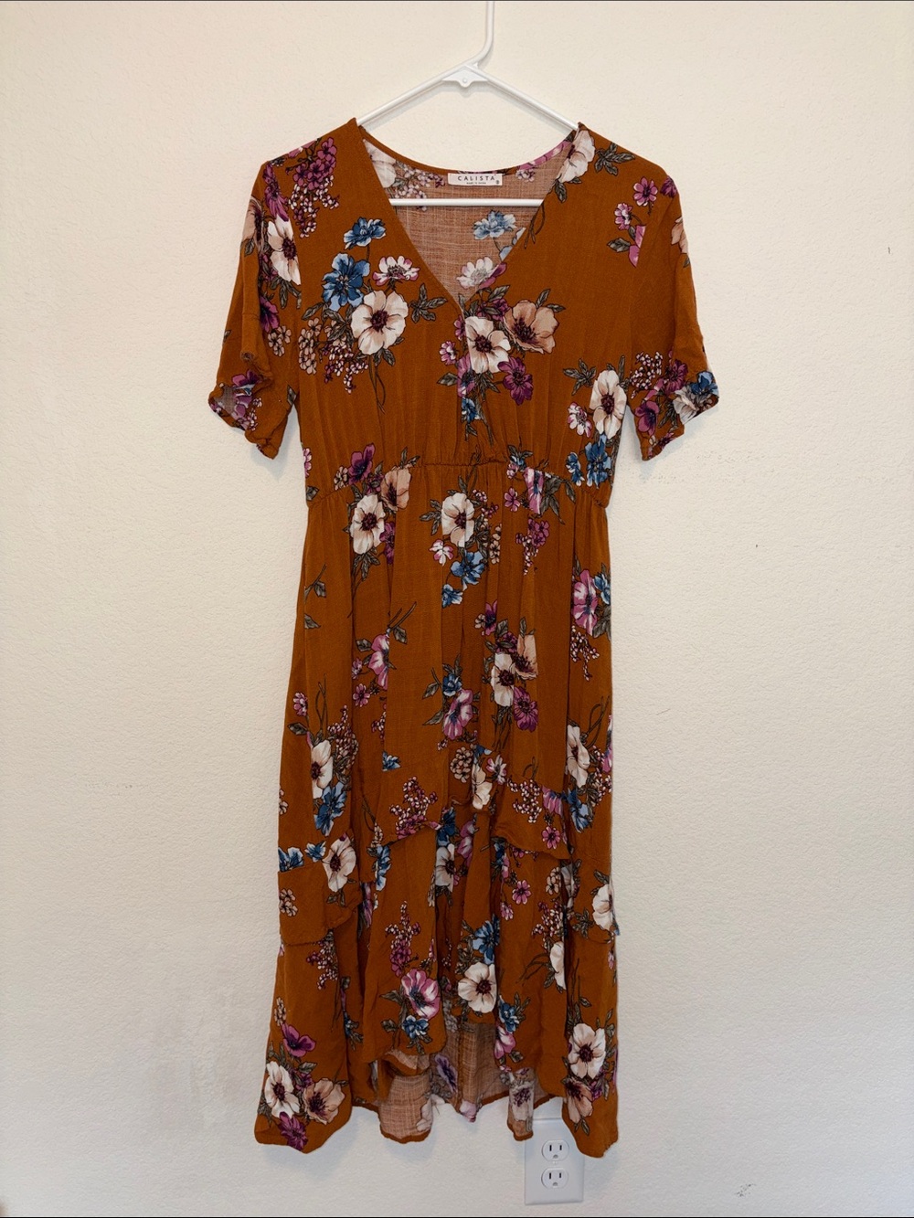 Rust Floral Maxi Dress with V-Neck and Elastic Waist